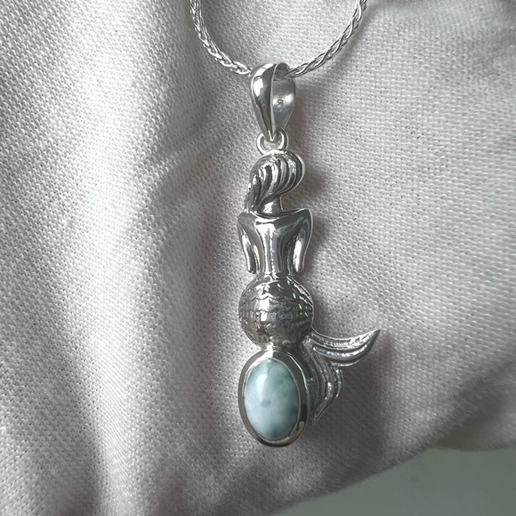 .925 Sterling Silver Natural Larimar Mermaid Silhouette Becklace - Picture 11 of 16